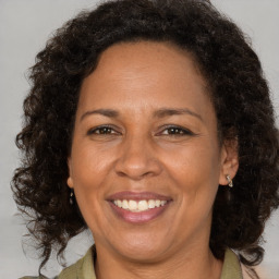 Joyful black adult female with medium  brown hair and brown eyes