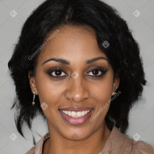 Joyful latino young-adult female with medium  black hair and brown eyes