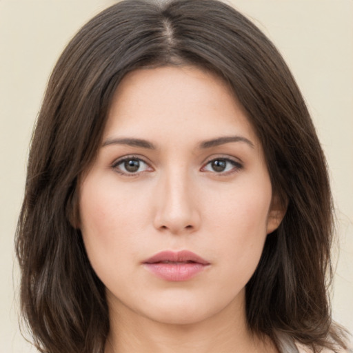 Neutral asian young-adult female with long  brown hair and brown eyes