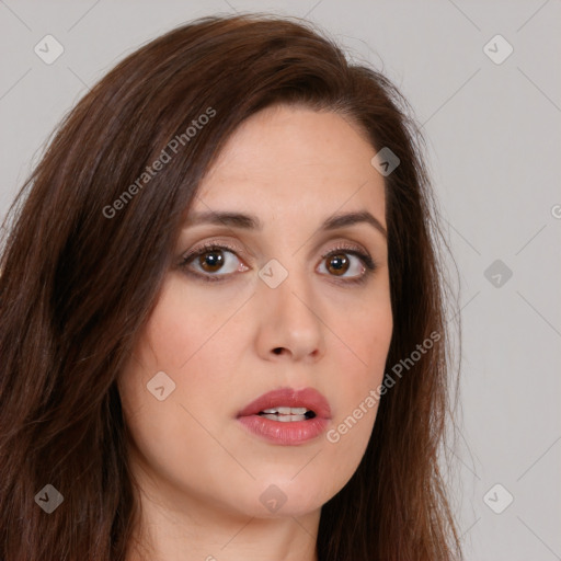 Neutral white young-adult female with long  brown hair and brown eyes