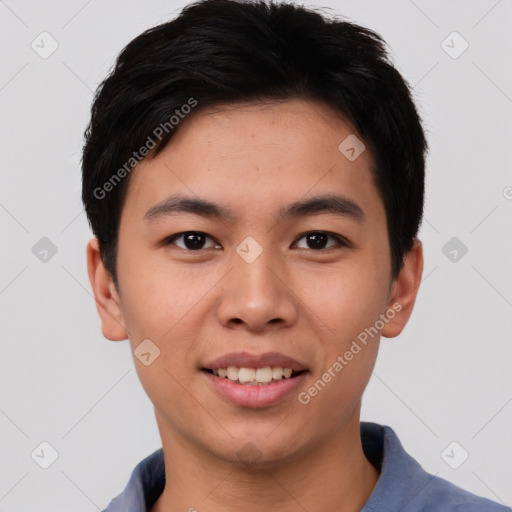 Joyful asian young-adult male with short  black hair and brown eyes