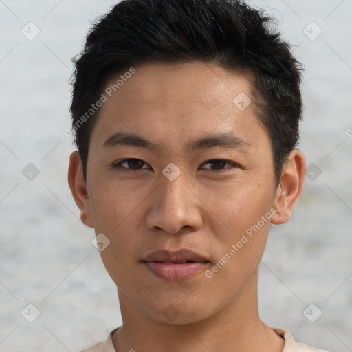 Neutral asian young-adult male with short  brown hair and brown eyes