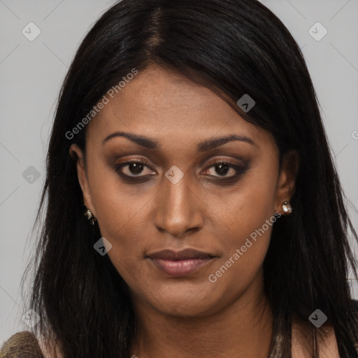 Joyful asian young-adult female with long  brown hair and brown eyes