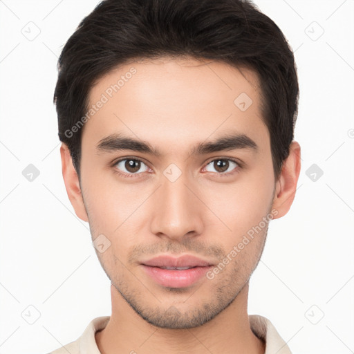 Neutral white young-adult male with short  brown hair and brown eyes