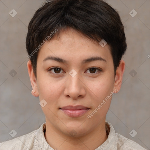 Joyful asian young-adult female with short  brown hair and brown eyes