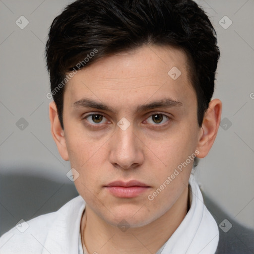 Neutral white young-adult male with short  brown hair and brown eyes