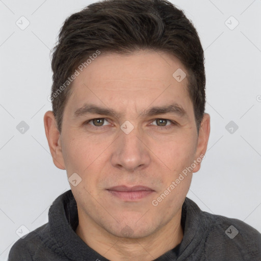 Neutral white adult male with short  brown hair and brown eyes