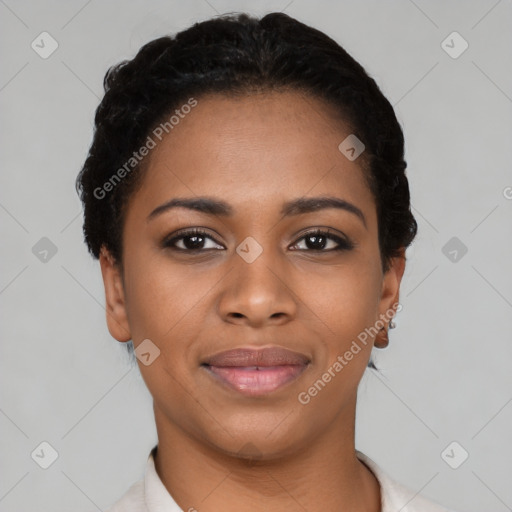 Joyful black young-adult female with short  black hair and brown eyes