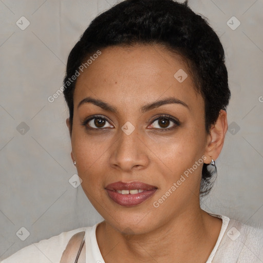 Joyful white young-adult female with short  black hair and brown eyes