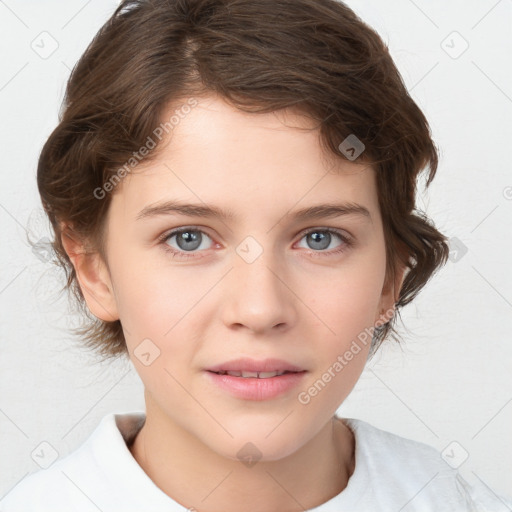 Joyful white child female with medium  brown hair and brown eyes