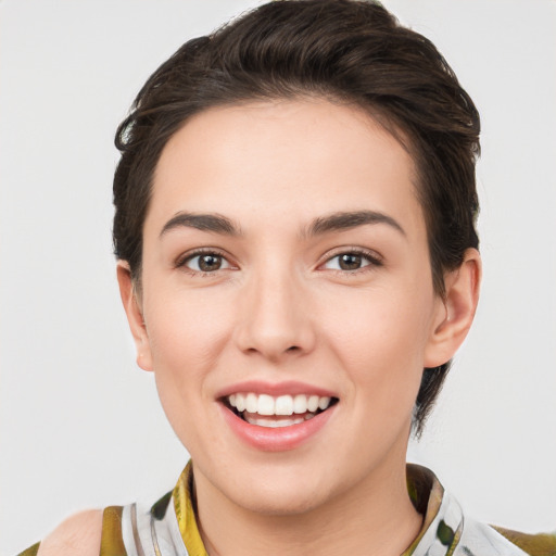 Joyful white young-adult female with medium  brown hair and brown eyes