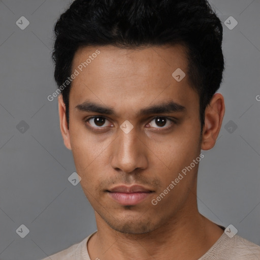 Neutral latino young-adult male with short  black hair and brown eyes