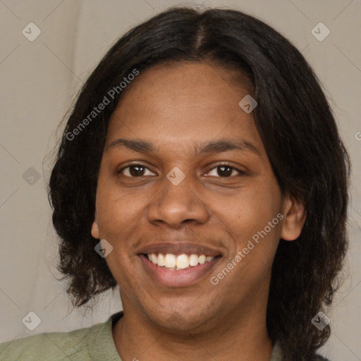 Joyful black young-adult female with medium  brown hair and brown eyes