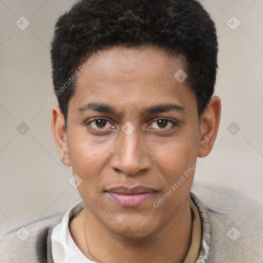 Joyful black young-adult male with short  brown hair and brown eyes