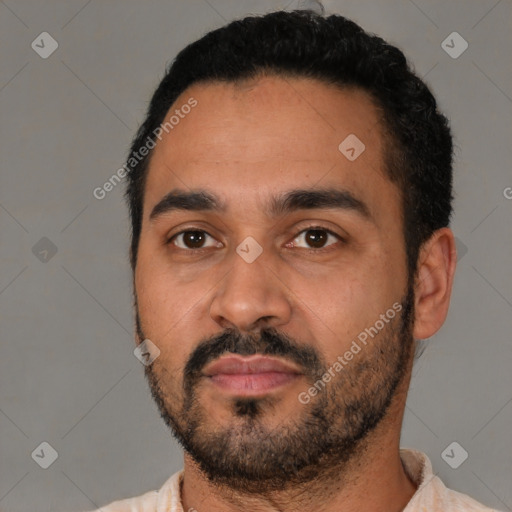 Neutral latino young-adult male with short  black hair and brown eyes