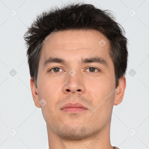 Neutral white young-adult male with short  brown hair and brown eyes