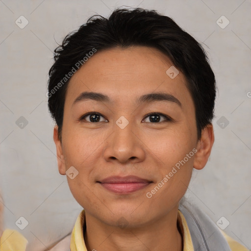 Joyful asian young-adult female with short  brown hair and brown eyes