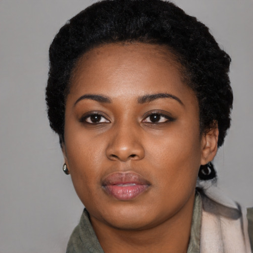 Neutral black young-adult female with short  black hair and brown eyes