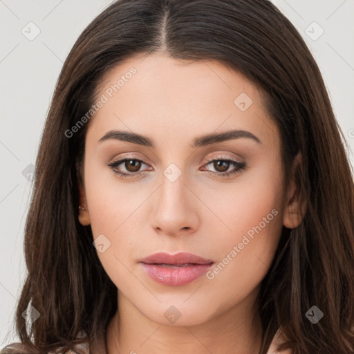 Neutral white young-adult female with long  brown hair and brown eyes