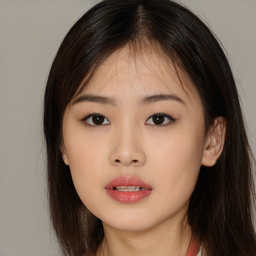 Neutral asian young-adult female with long  brown hair and brown eyes