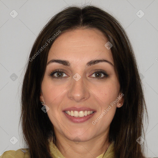 Joyful white young-adult female with long  brown hair and brown eyes