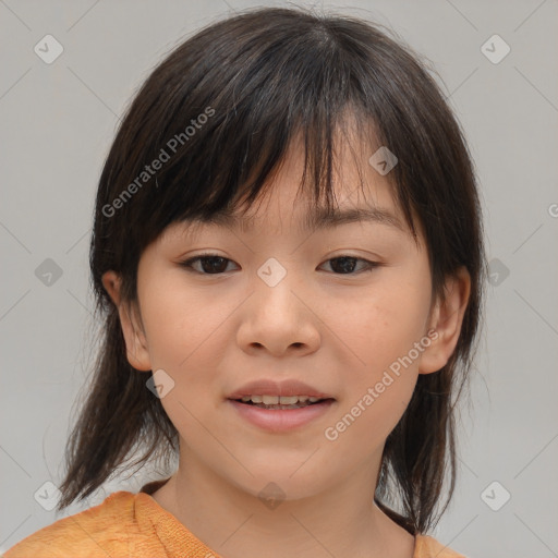 Joyful white child female with medium  brown hair and brown eyes