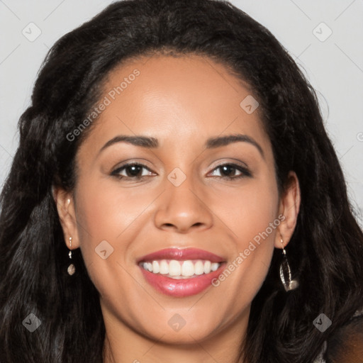 Joyful latino young-adult female with long  black hair and brown eyes