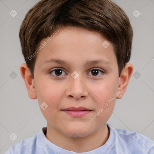 Joyful white child male with short  brown hair and brown eyes