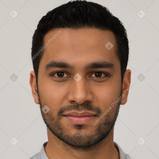 Neutral latino young-adult male with short  black hair and brown eyes