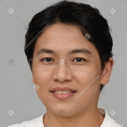 Joyful asian young-adult female with short  brown hair and brown eyes