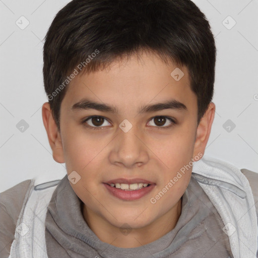 Joyful white child male with short  brown hair and brown eyes