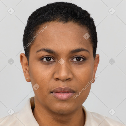 Neutral black young-adult female with short  black hair and brown eyes