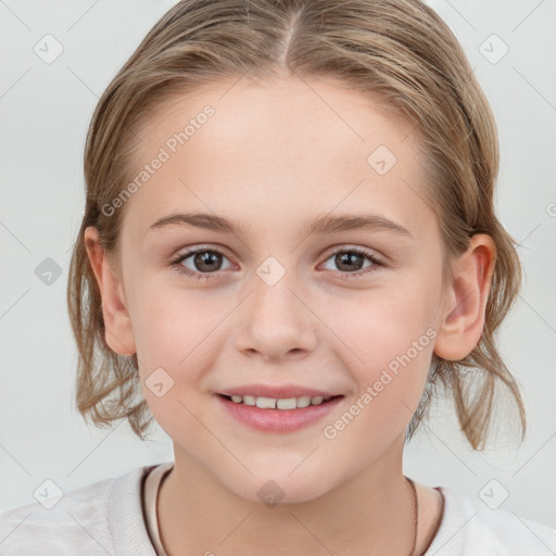 Joyful white child female with medium  brown hair and grey eyes