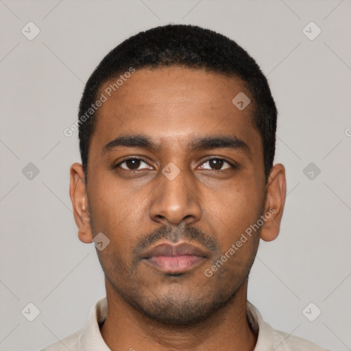 Neutral black young-adult male with short  black hair and brown eyes