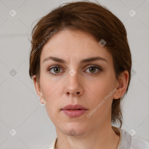 Neutral white young-adult female with short  brown hair and brown eyes