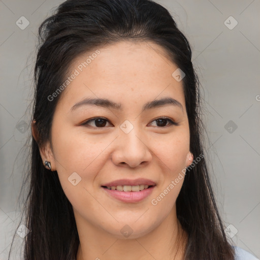 Joyful white young-adult female with long  brown hair and brown eyes