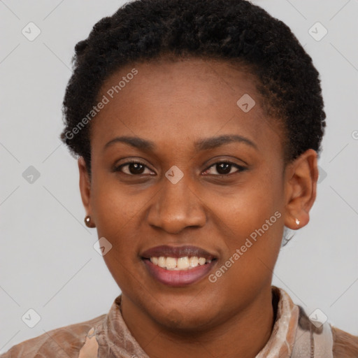 Joyful latino young-adult female with short  black hair and brown eyes