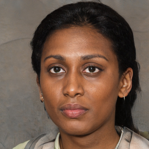 Neutral black young-adult female with short  black hair and brown eyes