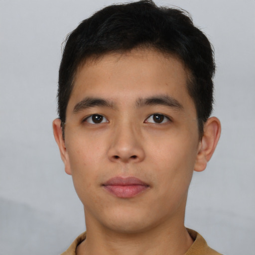 Neutral asian young-adult male with short  brown hair and brown eyes