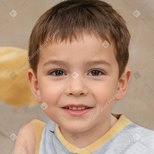 Joyful white child male with short  brown hair and brown eyes