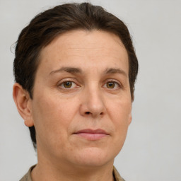 Joyful white adult female with short  brown hair and grey eyes