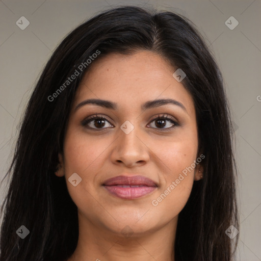 Joyful latino young-adult female with long  brown hair and brown eyes