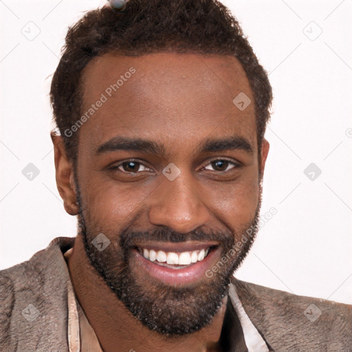 Joyful black young-adult male with short  black hair and brown eyes