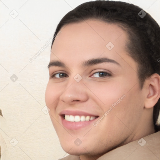 Joyful white young-adult female with short  brown hair and brown eyes