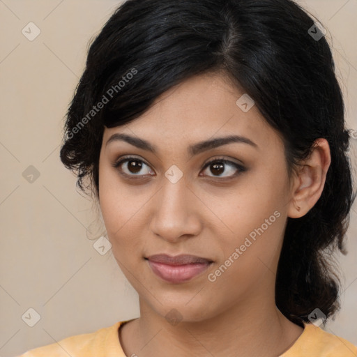 Joyful asian young-adult female with medium  black hair and brown eyes