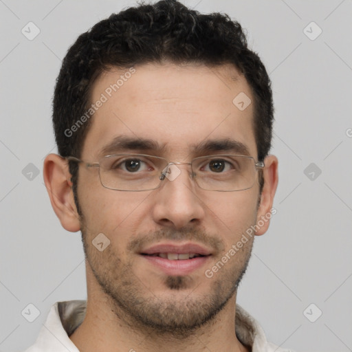 Joyful white young-adult male with short  brown hair and brown eyes