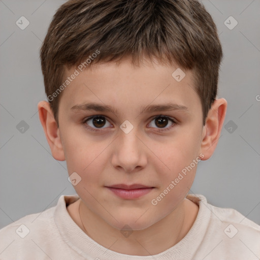 Joyful white child male with short  brown hair and brown eyes