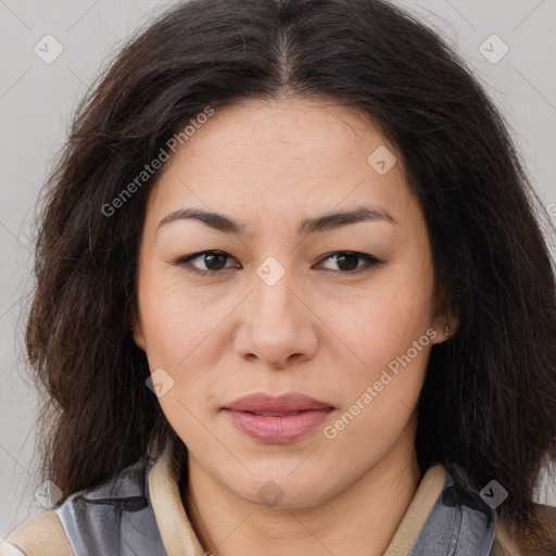 Joyful asian young-adult female with long  brown hair and brown eyes