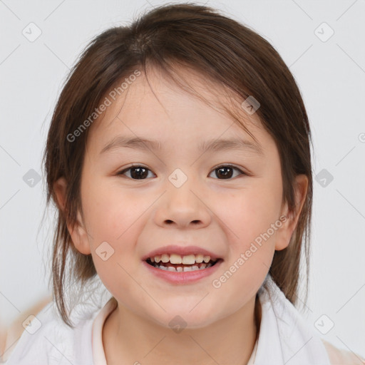 Joyful white child female with medium  brown hair and brown eyes