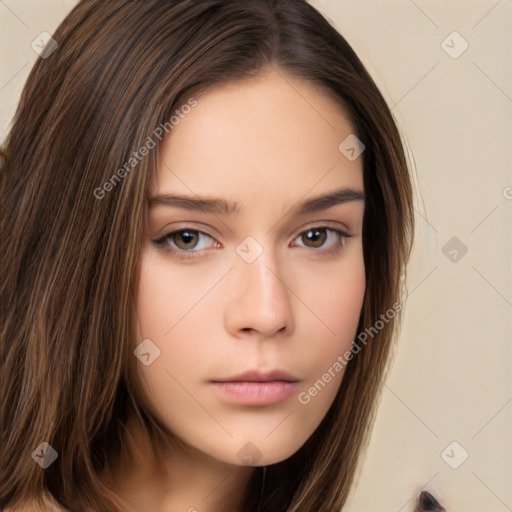 Neutral white young-adult female with long  brown hair and brown eyes